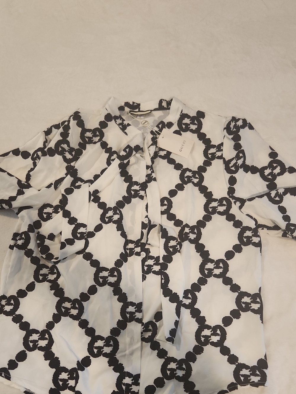 GG Black and White Silk Tie-Neck Blouse with Signature GG Motif